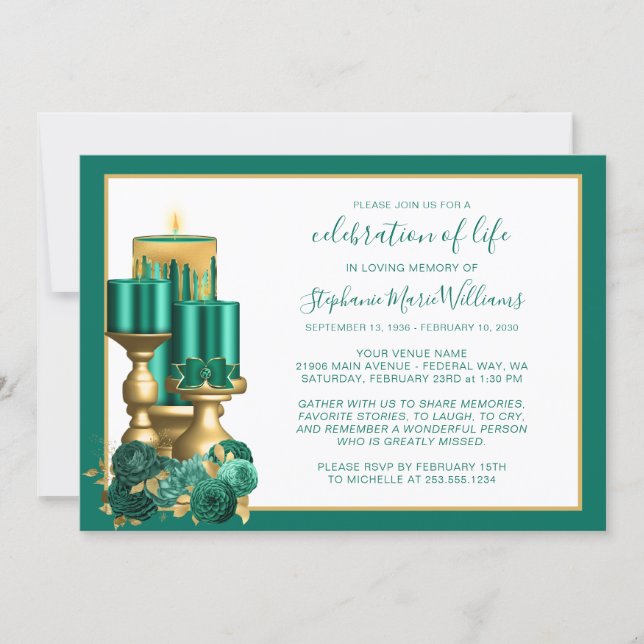 Celebration of Life Funeral Memorial Teal Candle Invitation (Front)