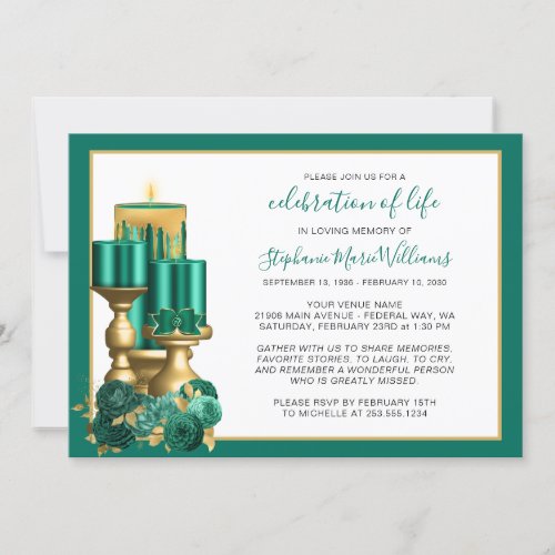 Celebration of Life Funeral Memorial Teal Candle Invitation