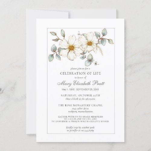 Celebration of Life Funeral Memorial White Floral Invitation