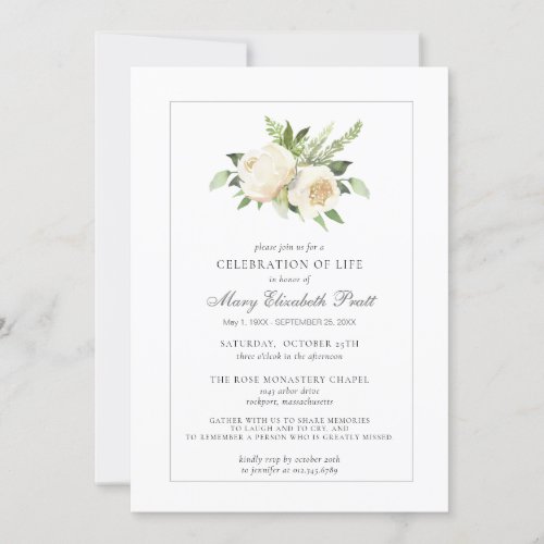 Celebration of Life Funeral Memorial White Floral  Invitation