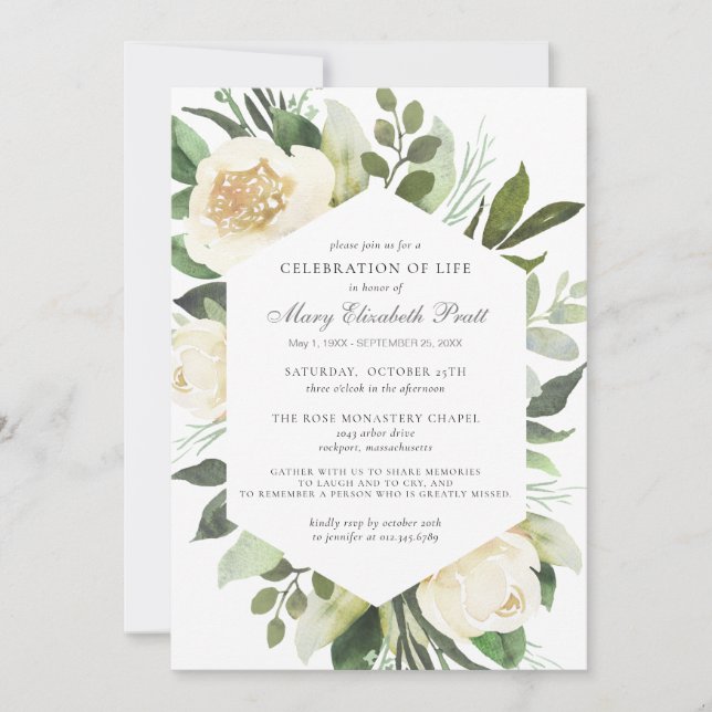 Celebration of Life Funeral Memorial White Floral  Invitation (Front)