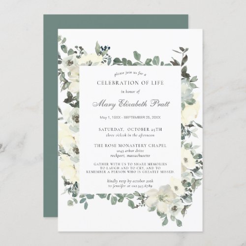 Celebration of Life Funeral Memorial White Floral Invitation