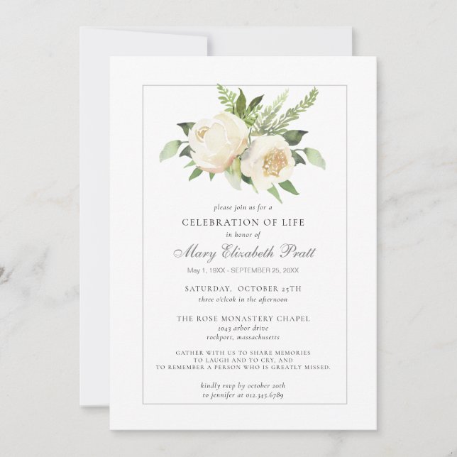 Celebration of Life Funeral Memorial White Floral  Invitation (Front)