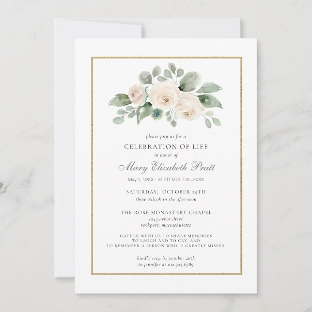 Celebration of Life Funeral Memorial White Floral Invitation (Front)
