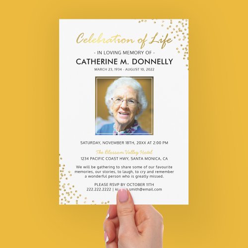 Celebration of Life  Funeral Memorial White Gold Invitation