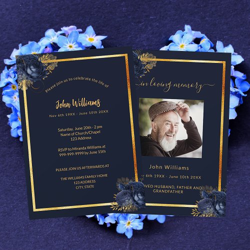 Celebration of life funeral navy blue gold photo invitation