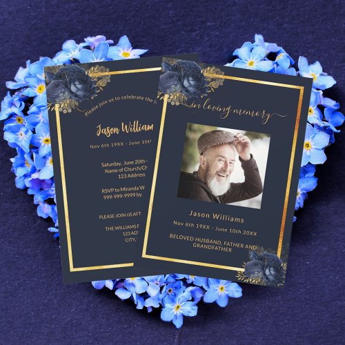 Celebration of life funeral navy blue gold photo invitation