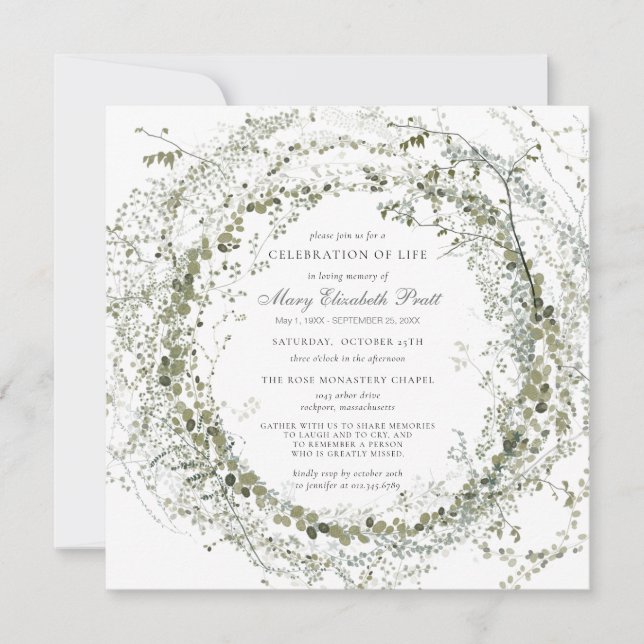 Celebration of Life Funeral Photo Botanical Square Invitation (Front)