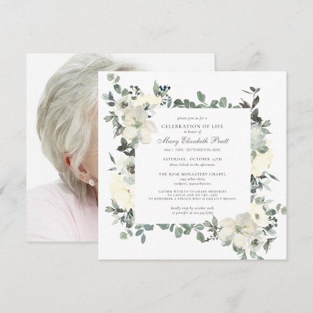Celebration of Life Funeral Photo White Floral Invitation (Front/Back)