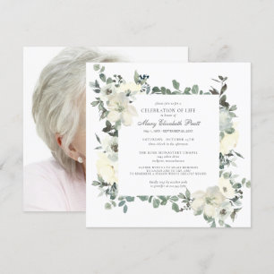Celebration of Life Funeral Photo White Floral Invitation