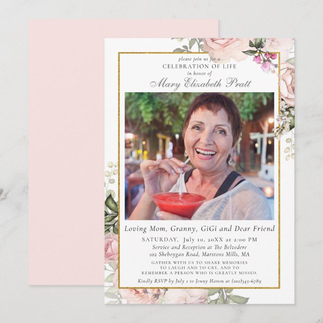 Celebration of Life Funeral Pink Floral Photo  Invitation (Front/Back)