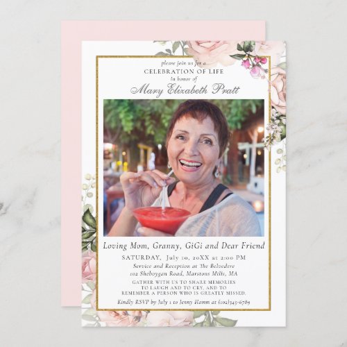 Celebration of Life Funeral Pink Floral Photo  Invitation