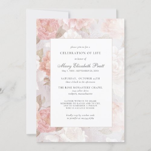 Celebration of Life Funeral Pink Rose Floral Invitation
