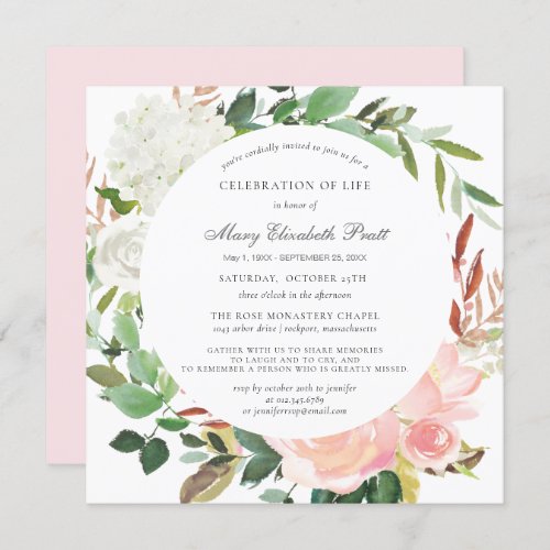 Celebration of Life Funeral Pink White Rose Floral Invitation