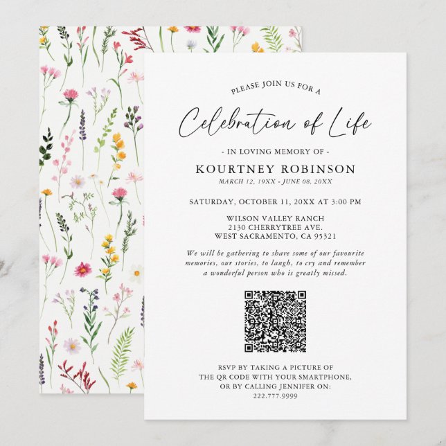 Celebration of Life | Funeral QR Code Wildflower Invitation | Zazzle