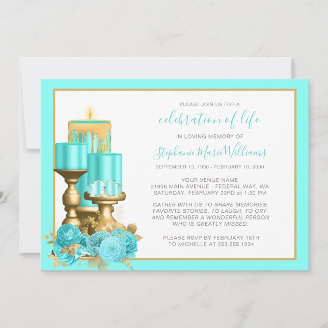 Celebration of Life Funeral Turquoise Candle Invitation (Front)