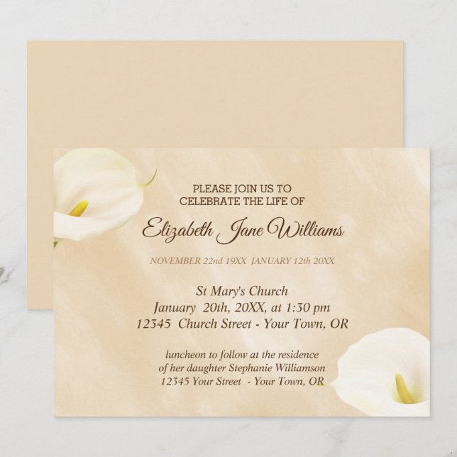 Celebration of Life | Funeral  Watercolor Lilly Invitation (Front/Back)