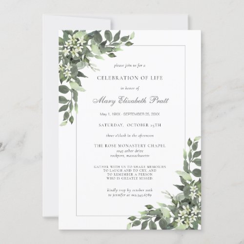 Celebration of Life Funeral White Floral Greenery Invitation