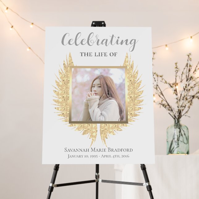 Celebration of Life Gold Angel Wings Photo Foam Board (In Situ (Stand))