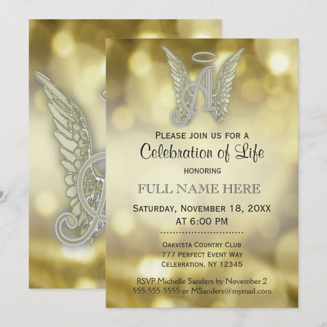 Celebration of Life - Gold Bokeh Invitation (Front/Back)