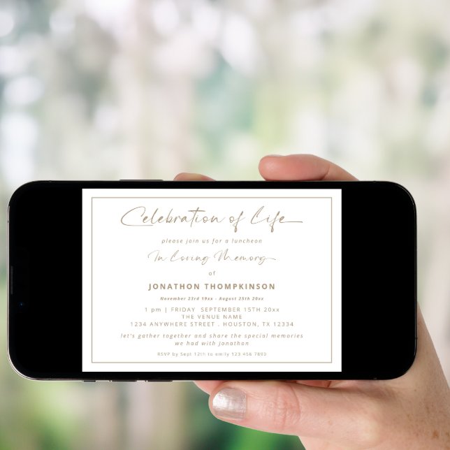 Celebration Of  Life Gold Border Funeral Luncheon  Invitation (Front Digital)