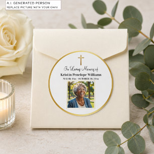 Celebration Of Life Gold Cross Photo Funeral Classic Round Sticker