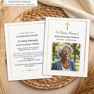 Celebration Of Life Gold Cross Photo Funeral Invitation