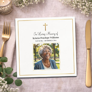 Celebration Of Life Gold Cross Photo Funeral Napkins