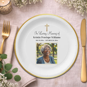 Celebration Of Life Gold Cross Photo Funeral Paper Plates