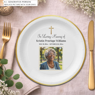 Celebration Of Life Gold Cross Photo Funeral Paper Plates
