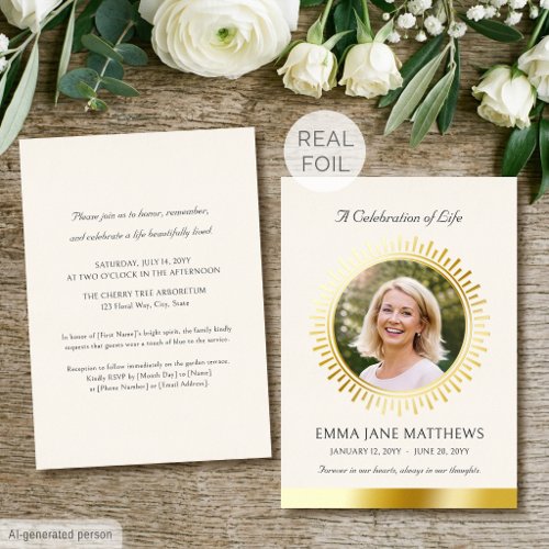 Celebration of Life Gold Foil Cream Funeral Invitation