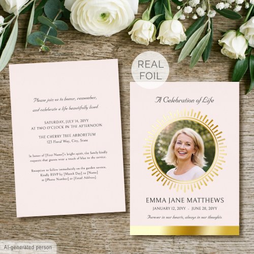 Celebration of Life Gold Foil Pink Funeral Invitation