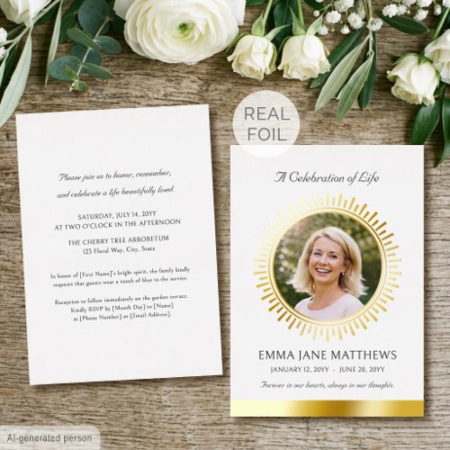 Celebration of Life Gold Foil White Funeral Invitation