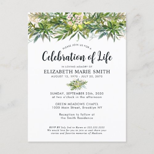 Celebration of Life Greenery Chic Funeral Memorial Postcard