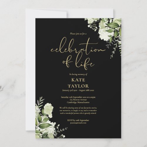 Celebration of Life Greenery Floral Black And Gold