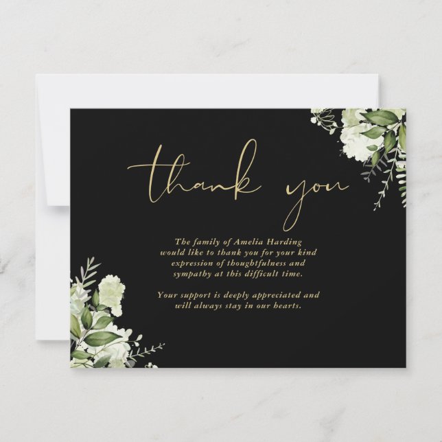 Celebration Of Life Greenery Floral Black And Gold Thank You Card (Front)