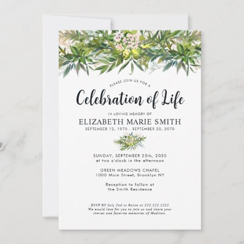 Celebration of Life Greenery Funeral Memorial Invitation