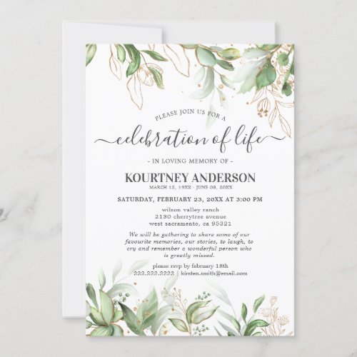 Celebration of Life | Greenery Gold Memorial Invitation - Greenery funeral memorial invitation featuring elegant watercolor green botanical eucalyptus leaves, gold floral accents, and a celebration of life template that is easy to personalize.