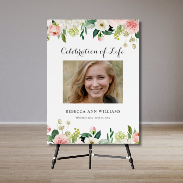 Celebration of Life Greenery Gold Sympathy Foam Board (Pink Floral Celebration of Life Sign)