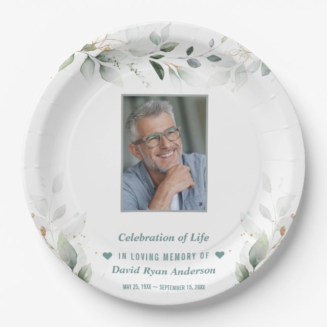 Celebration of Life Greenery Man Photo Memorial   Paper Plates (Front)