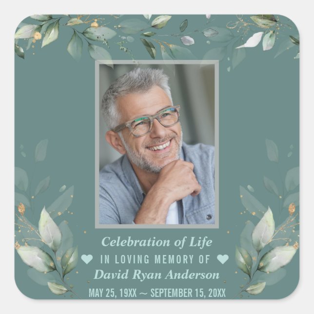 Celebration of Life Greenery Man Photo Memorial    Square Sticker (Front)