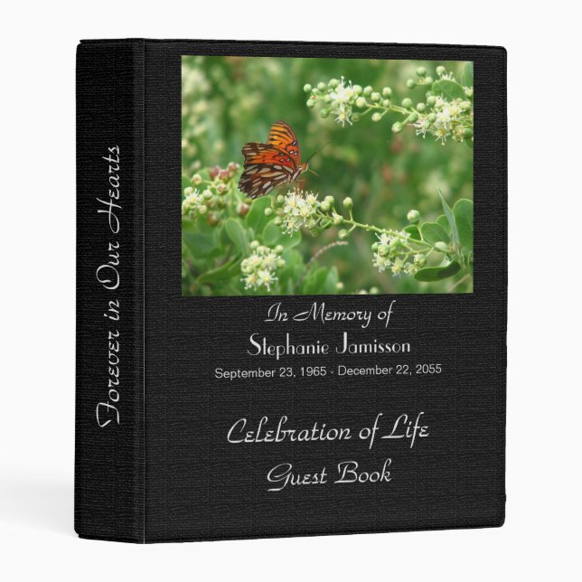 Celebration of Life Guest Book, Orange Butterfly Mini Binder (Front/Spine)