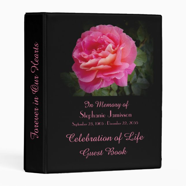 Celebration of Life Guest Book, Perfect Pink Rose Mini Binder (Front/Spine)
