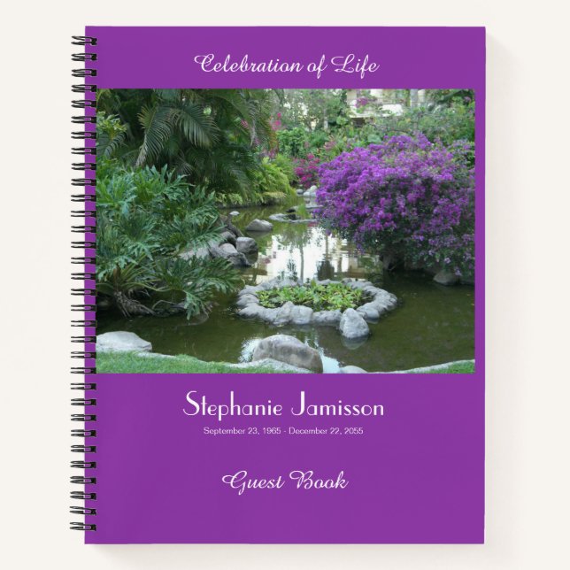 Celebration of Life Guest Book, Purple Flowers Notebook (Front)