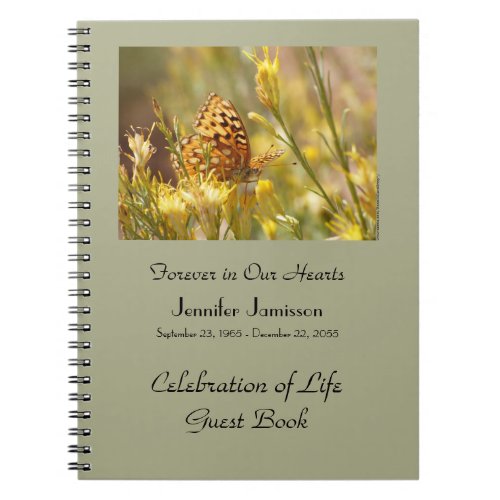Celebration of Life Guest Book Yellow Butterfly  Notebook