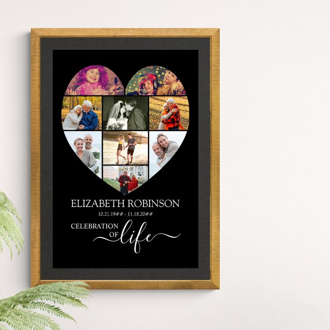 Celebration of Life Heart Shaped 9 Photo Collage Poster (Funeral memorial poster to order professionally printed or as a printable digital download)