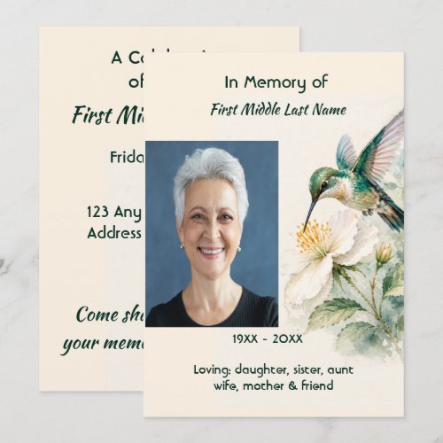 Celebration of Life Hummingbird White Flowers Invitation