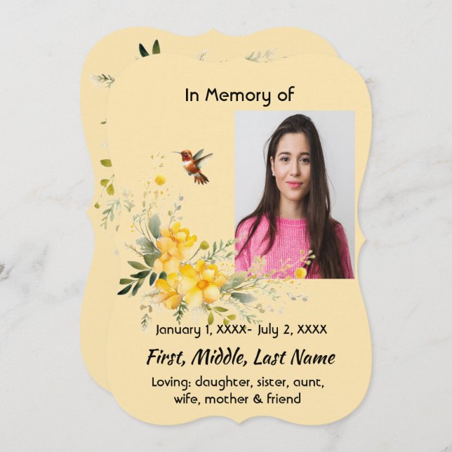 Celebration of Life  Hummingbird Yellow Roses  Invitation (Front/Back)