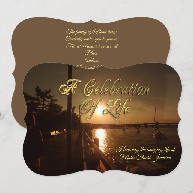 Celebration of life invitation boats in harbor (Front/Back)