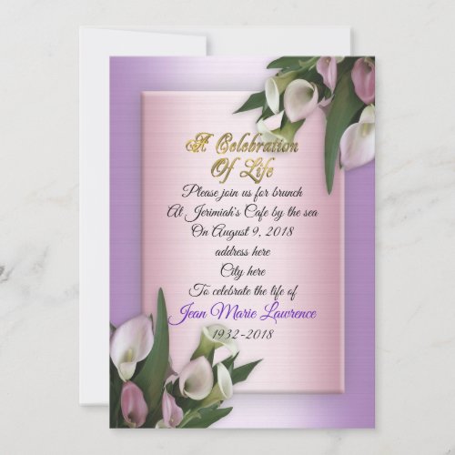 Celebration of life Invitation calla lilies